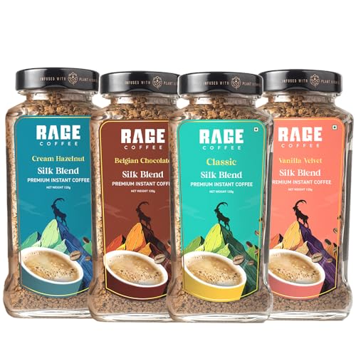 Rage Coffee Silk Blend Instant Coffee Combo Pack of 4 | Classic, Belgian Chocolate, Creamy Hazelnut & Vanilla Velvet | Premium Bold & Smooth Flavors | 120g Each Jar | 100% Arabica | Hot & Cold Brew – 480g