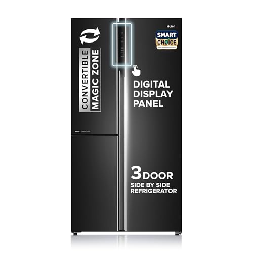 Haier SmartChoice 598L 3 Star 3-Door Side by Side Frost Free Refrigerator | Expert Inverter Technology | Digital Display Panel | Jumbo Ice Maker | Deo Fresh Technology (HRT-683GK, Graphite Black)