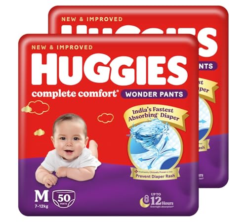 Huggies Complete Comfort Wonder Pants | Pant Style Baby Diapers Medium Size (M), 100 Count | India’s Fastest Absorbing Diaper, Prevents Diaper Rash, Ideal for 7 to 12 Kgs (50 Count, Pack of 2)