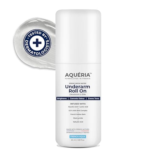 Aqueria 5.5% AHA BHA French Underarm Brightening Roll On | 48H Odour Control | Aqua Fragrance with 2% Niacinamide | Multi Actives, Glycolic Acid, Lactic Acid | Prevents Odor, Kills Bacteria | Exfoliates, Reduces Pigmentation & Discoloration for Even-Toned Underarms | Brightens Skin & Exfoliates Underarm | Alcohol & Aluminium Free | Deodorant for Men & Women | 50ml