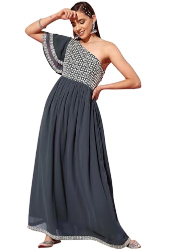 Libas Womens Embroidered Georgette Gown Dress for Women Grey