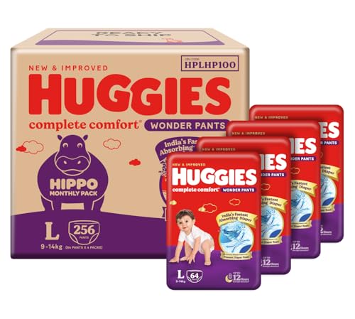 Huggies Complete Comfort Wonder Pants | Pant Style Baby Diapers Large Size, 256 Count | India’s Fastest Absorbing diaper, Clinically Proven to Prevent Diaper Rash | Ideal for 9 to 14 Kgs (64 count, Pack of 4)