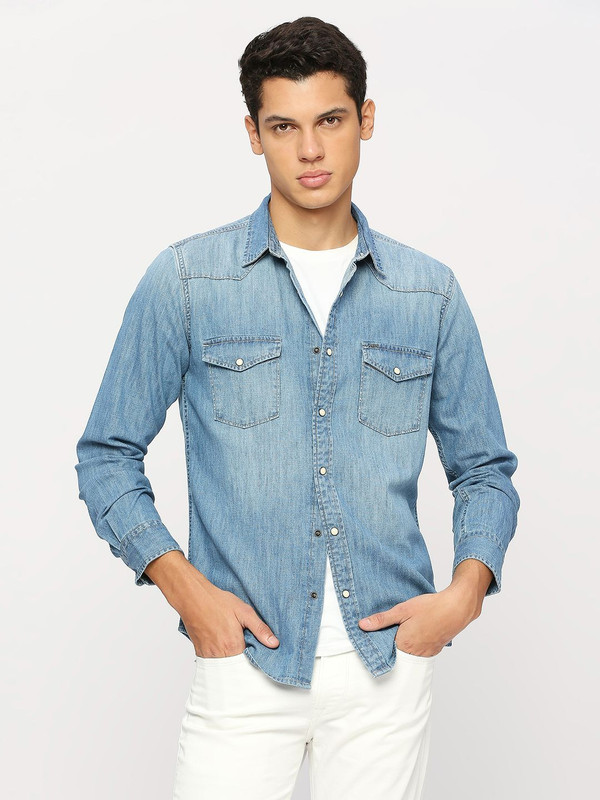 Pepe Jeans Men Solid Casual Light Blue Shirt
