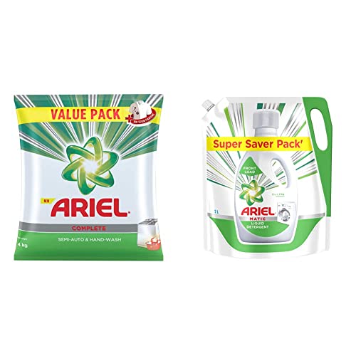 Ariel Complete Detergent Washing Powder- 4Kg Value Pack & Ariel Matic Liquid Detergent Front Load Refill Pouch, 2 Litre