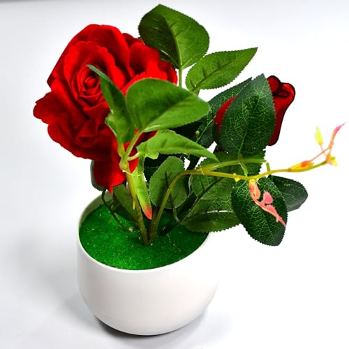 Benuity Artificial Rose Flower Plant with Pot, for Home Office Or Gift
