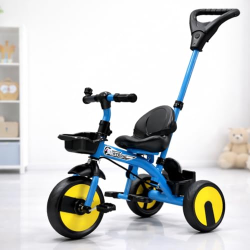 Storio Kids Tricycle with Parental Handle, Bell & Storage Basket | Baby Trike with EVA Wheels & Safety Belt | Tricycle for Kids Age 2–5 Years | Durable Frame | Weight Capacity 30 Kg – Blue