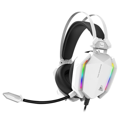 TAG Gamerz Titan RGB White Over-Ear Gaming Wired Headphone | Soft Ear Cups | 50mm Neodymium Driver | 3.5mm Audio | 2m Cable | Flexible Mic for Calling | Suspension Headband | 3.5mm + USB Connector