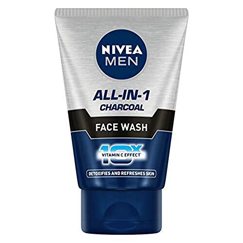 NIVEA MEN All in 1 Charcoal Face Wash 100 g | With Charcoal, Mulethi & Mint for complete detox in Summer | 10 X Vitamin C Effect for Radiant Skin | For detoxified and refreshed skin