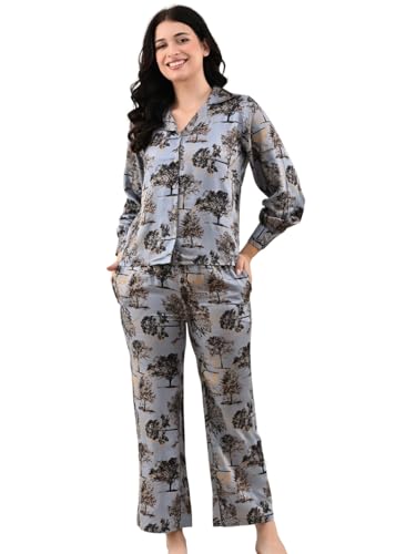 UNIfringe Sleeve Tree Printed Rayon Women’s Night Dress Set – Soft & Breathable Corset for Women for Comfortable Sleep | Night Suit for Women | Night Pants for Woman | Woman Night Dress Set Grey