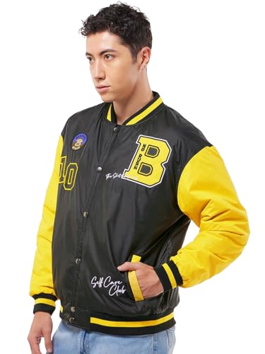 Bewakoof Men’s Color Block Black Stand Collar Neck Long Sleeve Oversized Fit Jacket