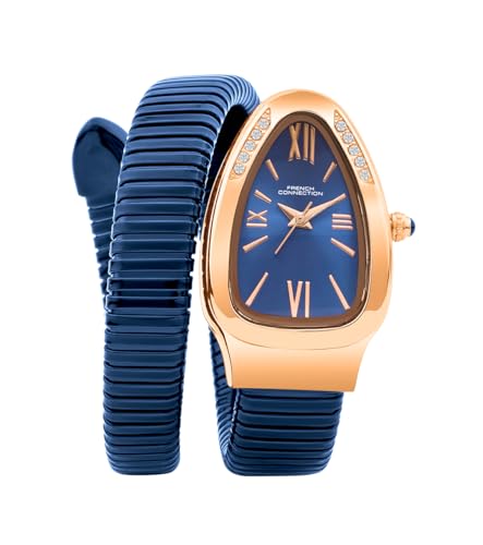 French Connection Eternelle Curve | Blue Dial with Rose Gold Case | Flexible Wrap Bracelet Strap | Crystal Accent Design | Roman Numerals Analog Watch for Women – FCN0142UM
