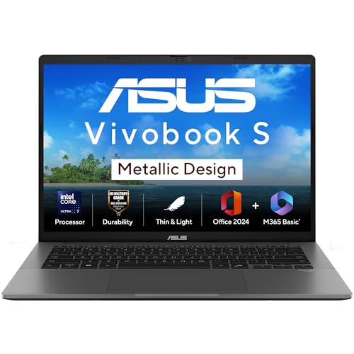 ASUS Vivobook S14, Intel Core Ultra 7 255H, Metallic Design Laptop(Intel iGPU/16GB RAM/512GB SSD/FHD+/14″/60Hz/Windows 11/M365 Basic (1Year)*/Office Home 2024/Matte Gray/1.4 Kg) S3407CA-LY083WS