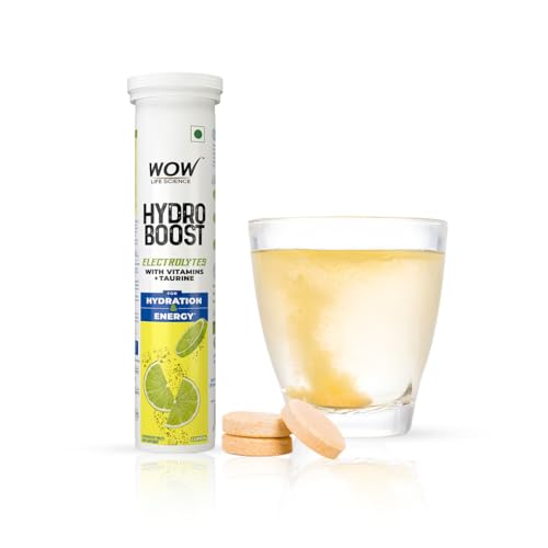 WOW Life Science Hydroboost Electrolytes Low Sugar Energy Drink For Instant Hydration – 20 Effervescent Tablets (6 Litres) With 5 Essential Electrolytes + Vitamins (B6, B12, C & D) | Lemon Flavour