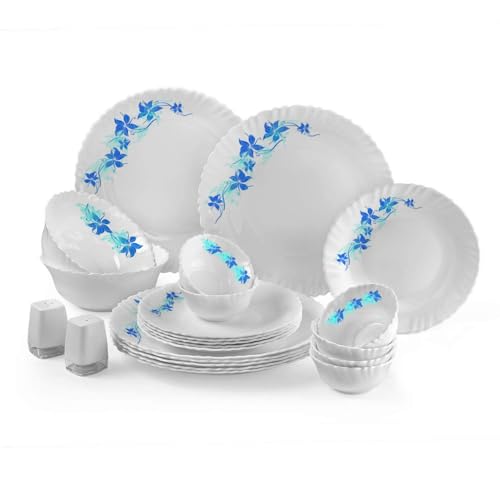 CELLO Blue Swirl Dazzle Series Opalware Dinner Set of 23 Pieces for Family of 6 | Bone-Ash Free & Leadfree Opal Glass, Microwave & Dishwasher Safe, Plates & Bowls Crockery Set for Dining & Gifting