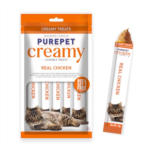 Purepet Creamy Lickable Cat Treats 375g (5 x 75g) | Real Chicken | Supports Skin & Coat | Easy Digestion | Aids Brain & Vision Development (All Life Stages)