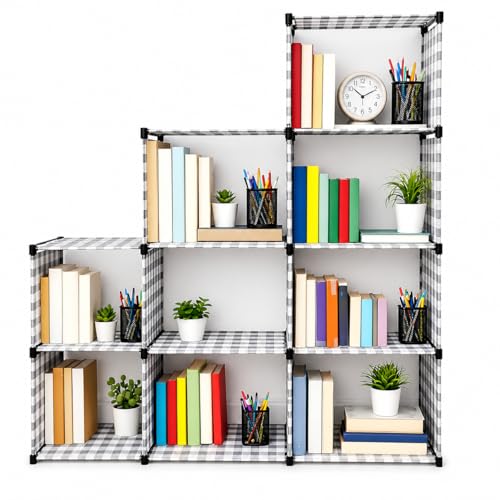 Vancefame Modular Storage Shelf, 9-Cube Organizer, Stepped Design, Black Frame with Grey Checkered Pattern, 138x130x30 cm