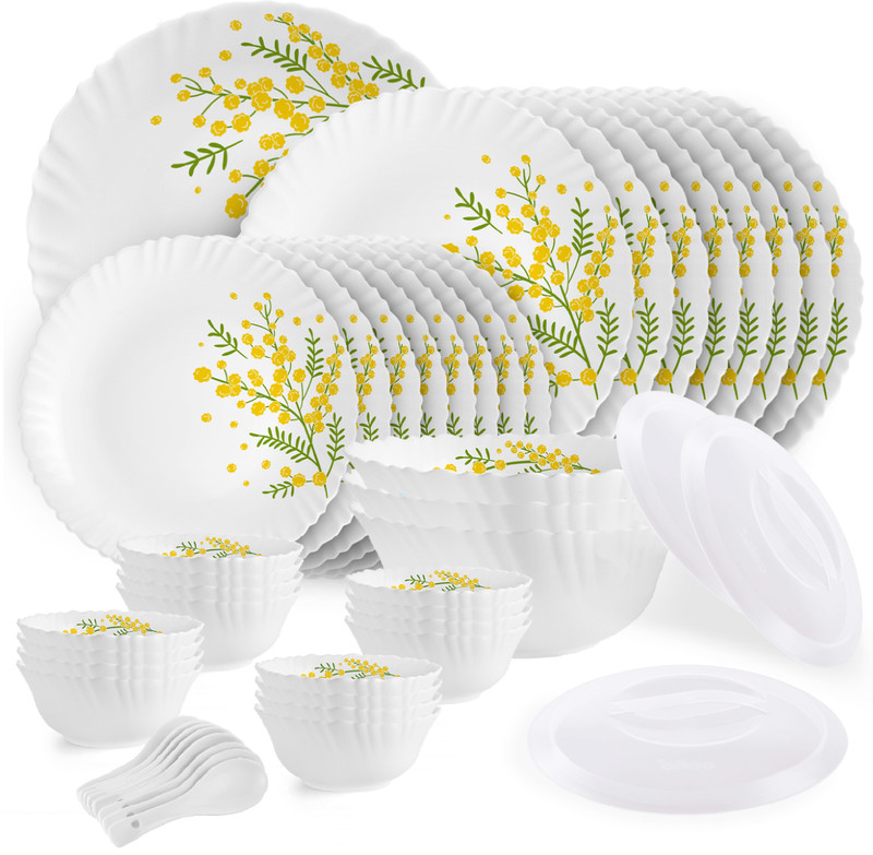 cello Pack of 47 Opalware Dazzle Series Girasol Crockery Set | Dishwasher Safe | Light-Weight Dinner Set(Yellow, Green, Microwave Safe)