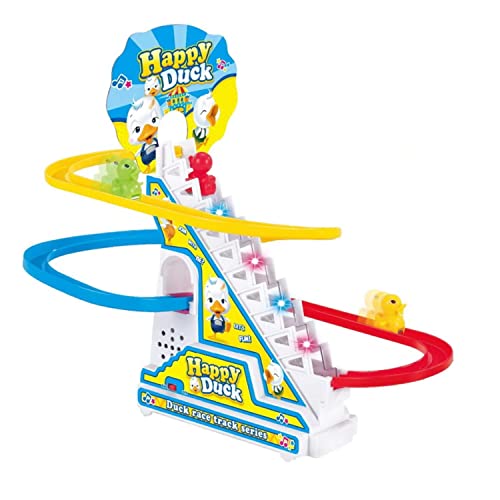 Kids Mandi Duck Roller Coaster Slide Toy Set |3 Cute Ducklings Climbing Stairs automatically with Lights & Music | Electric Duck Chasing Race Track Set | Small ducks climbing stairs toy set