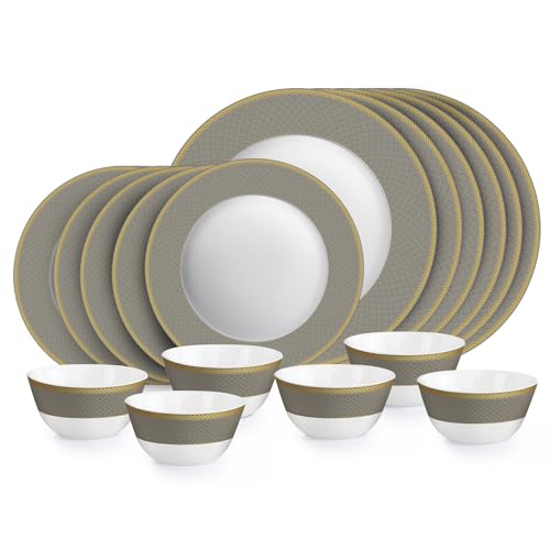 CELLO Moonstone Solitaire Series Opalware Dinner Set of 18 Pieces For Family of 6 | Bone-Ash Free & Leadfree Opal Glass Microwave & Dishwasher Safe, Crockery Plates & Bowls Set For Daily Use & Gifting