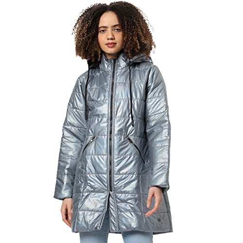 Campus Sutra Women’s Grey Vinyl Puffer Regular Fit Bomber Jacket For Winter Wear | Standing Collar | Full Sleeve | Zipper | Casual Jacket For Woman & Girl