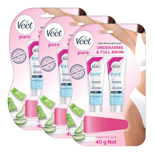 Veet Pure Hair Removal Cream for Women |Derma Tested* for Sensitive Skin (20g + 20g) (Pack of 3) | Safe for Underarms & Bikini | Gives you Smooth, Moisturized & Visibly Glowing Skin