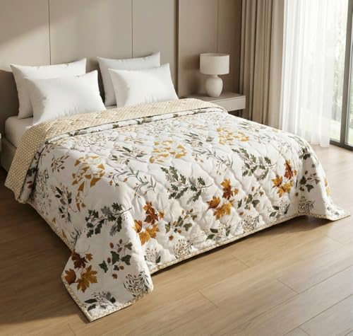 HOMEKART Ultrasonic Quilted AC Comforter 220 GSM (1500g) Premium Microfiber Reversible All-Season Blanket for Double Bed|Ultra Soft, & Lightweight, Quilt/Duvet | Comforter (Beige & White 225CMx220CM)