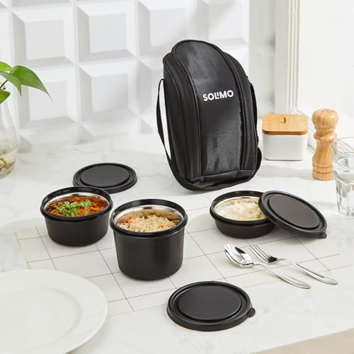Amazon Brand – Solimo Lunch Box Set with Bag (Office, School & Travel) | 3 Steel Inner Containers (250 ml, 400 ml, and 550 ml) with Cutlery | Microwave Safe | Leakproof – Black
