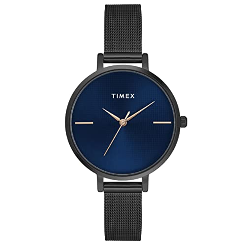 TIMEX Analog Watch for Women with Blue Round Dial & Black Stainless Steel Bracelet Band Water Resistant Women’s Wrist Watches – TWEL155SMU08