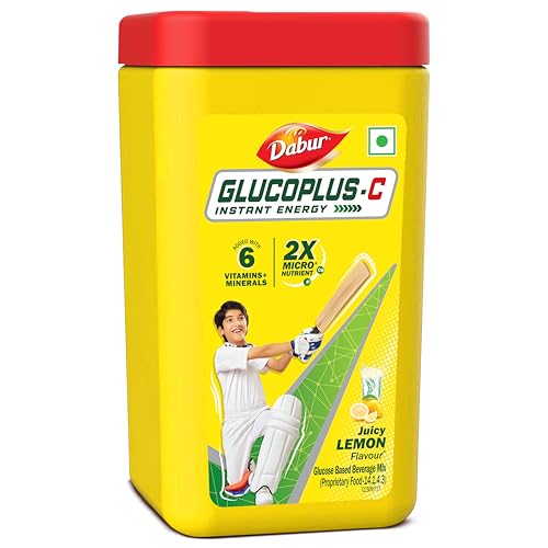 Dabur Glucoplus C Instant Powder Energy Glucose (Lemon Flavour) – 400gm | Replenishes Energy with 6 Added Vitamins and Minerals | 20% More Glucose In Every Sip | Vitamin C and Zinc Helps Boost Immunity | Calcium, Phosphorus and Vitamin K Support Bone Health