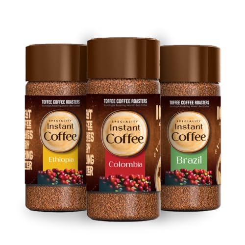Toffee Coffee Roasters Instant Coffee 50 gm Each – Pack of 3, Assosrted Brazil & Colombia & Ethiopia Instant Coffee | As Seen On Shark Tank | 100% Arabica Coffee Powder | Ready in Seconds | Microground Technology