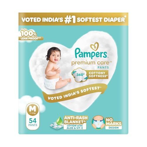 Pampers Premium Care Pant Style Baby Diapers | Medium (M size) | 54 Count | Voted India’s Softest | All-in-1 with 360 Cottony Softness Diapers | 7-12kg