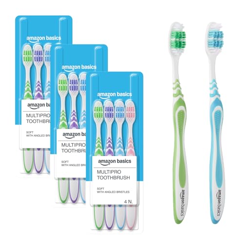 Amazon Basics MultiPro ZigZag Toothbrush for Adults, Multicolour | 12-Count (4 × 3 Packs) | Soft Bristles for Deep Cleaning, Plaque Removal & Gentle Gum Care