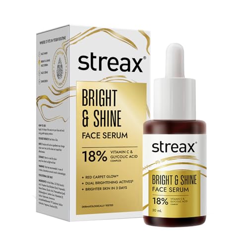 Streax Vitamin C Face Serum, 30 ml | 18% Vitamin C | Dark Spots Reduction | Brighter Skin in 3 Days | Serum for Glowing Skin | Brightening serum | Bright & Shine Face Serum