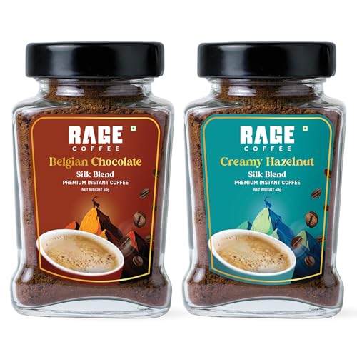 Rage Coffee Silk Blend Instant Coffee | Belgian Chocolate & Creamy Hazelnut Silk Blend Flavoured Coffee 60 GMs Each | Premium, Bold & Smooth | Pack of 2