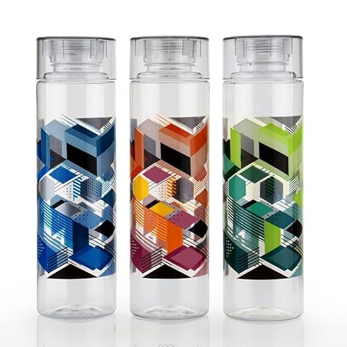 Clazkit Plastic Printed Water Bottle Ideal for Home, Office, Sports, School, Restaurant, Travelling, Gym, Yoga (1000 Ml Pack of 3), Multicolor