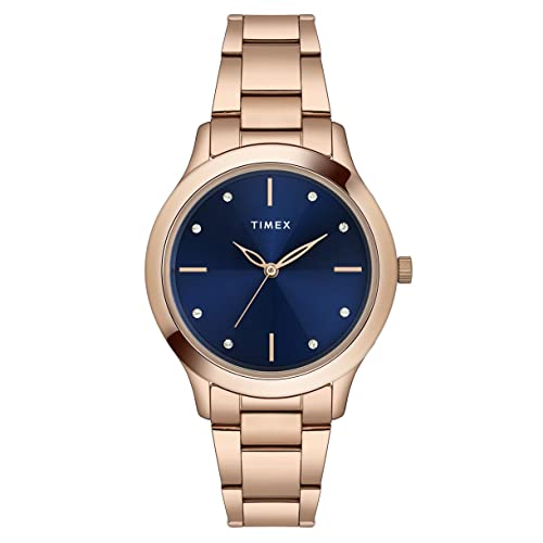 TIMEX Analog Watch for Women with Blue Round Dial & Rose Gold Stainless Steel Bracelet Band Water Resistant Women’s Wrist Watches – TWEL98SMU08