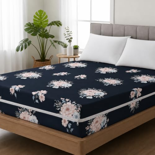 Homedy Premium Cotton Printed Mattress Cover/Protector with Zipper Chain|Provides All Around with 360° Encasing | Double King Size Bed – 78×72+8 inches (6.5 x 6 Feet Mattress) Black White Rose