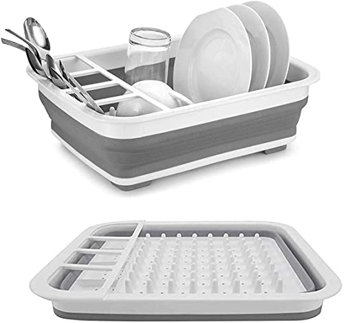 One Enterprises Collapsible Dish Drainer/Dish Drying Rack with Spoon Storage Holder Utensil Dinnerware Travel Organizer – Heavy Duty Plastic & Silicone (PP + TPE) – Dishwasher Safe for Easy Cleaning