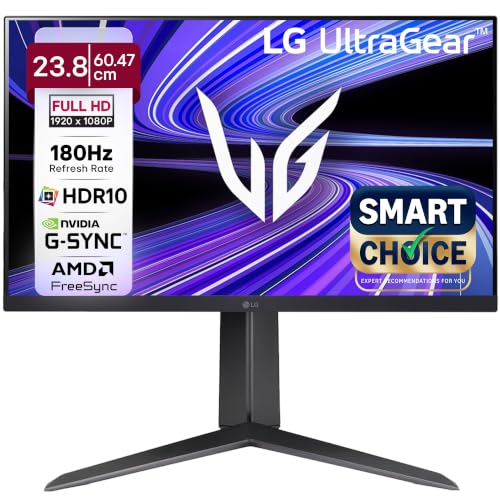 LG 24GS65F Smartchoice 60.47cm (23.8Inch) Ultragear FHD (1920×1080) IPS Gaming Monitor, 180Hz, 1ms, NVIDIA G-SYNC Compatible, AMD FreeSync, DP, HDMI, Tilt/Height/Pivot Adjustable, Anti-Glare (Black)