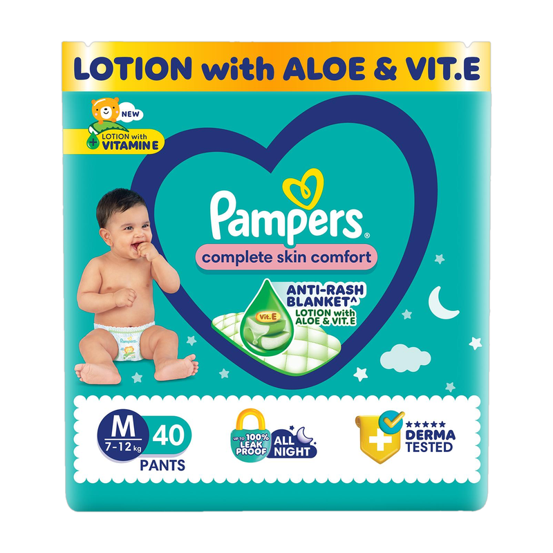 Pampers Complete Skin Comfort with VitaminE & Aloe Vera Lotion Pant Diapers – M(40 Pieces)