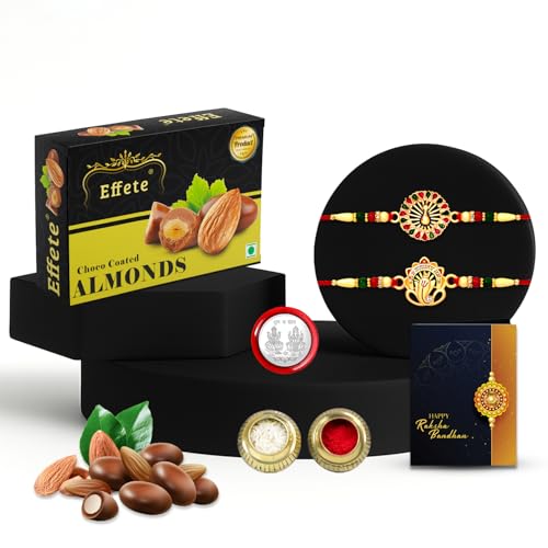DeoDap Chocolate with Rakhi Set for Brother – Lord Ganpati & Peacock Design Rakhi Set of 2 with Choco Coated Almonds (32 GM), Silver Colour Pooja Coin & Greeting Card, Raksha Bandhan Combo for Bhai