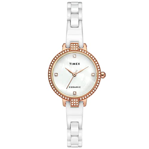 TIMEX Analog Watch for Women with Mother of Pearl White Round Dial & White Ceramic Bracelet Band Water Resistant Women’s Wrist Watches – TWEL15700