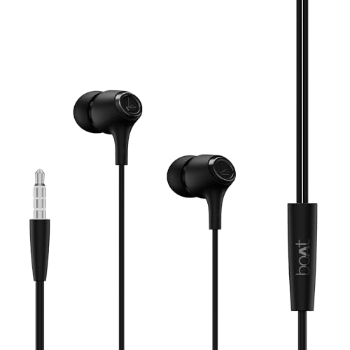 Boat Bassheads 95 Wired In Ear Phones,10Mm Drivers,Signature Sound,In-Line Microphone,Integrated Controls,Snug Fit,Lightweight,Voice Assistant,120Cm Cable & 3.5Mm Jack (Active Black)