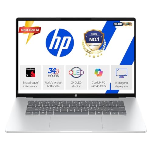 HP Omnibook 5 OLED (Previously Pavilion), Snapdragon X Processor 45 Tops (16GB LPDDR5x, 1TB SSD) 2K,16”/40.6cm, Win11, Office24, Silver, 1.59kg, fb0001QU, Multi-Day Battery AI Laptop