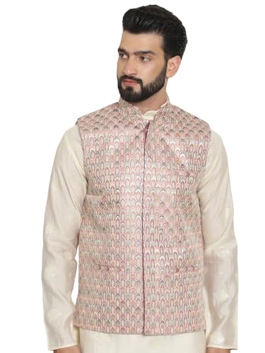 SOJANYA Since 1958 Men’s Premium Silk Multi Colored Embroidered Peach Nehru Jacket