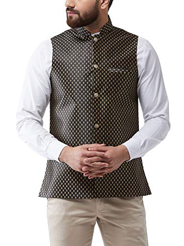 SOJANYA (Since 1958 Men’s Silk Blend Black & Gold Self Design Nehru Jacket, Size: 40
