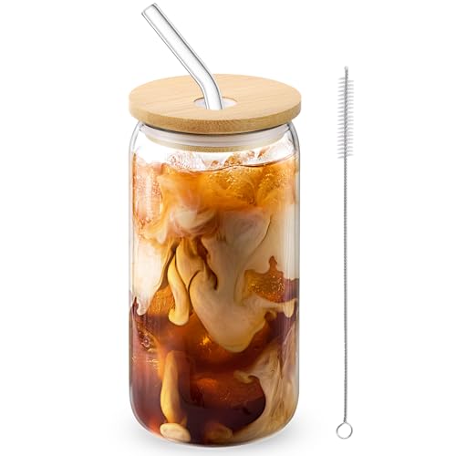 Glass Cups with Lids and Straws, 16oz Drinking Glasses, Iced Coffee Cups, Glass Tumbler with Lid, Great for Soda Boba Tea Cocktai (1 PACK)