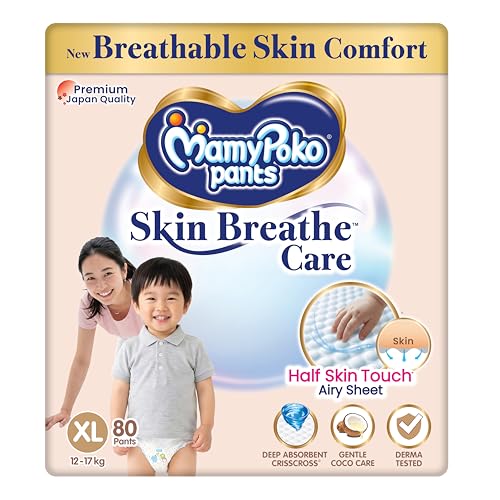 MamyPoko Pants Skin Breathe Care | Baby Diapers Extra Large Size (XL) | 80 Count | 12-17Kgs | Half Skin Touch Airy Sheet | 3X Breathable | Derma Tested