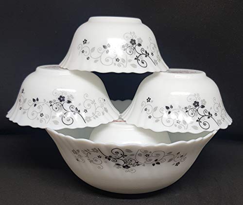 Diva From La Opala Laopala Diva Mystrio Black Desert Set (White),5 Pcs, Opal Glass,Floral Serving Bowl Veg Bowl