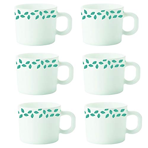 Borosil Larah Blue Leaves Opalware Cup Set (White, 100 Ml) – 6-Pieces